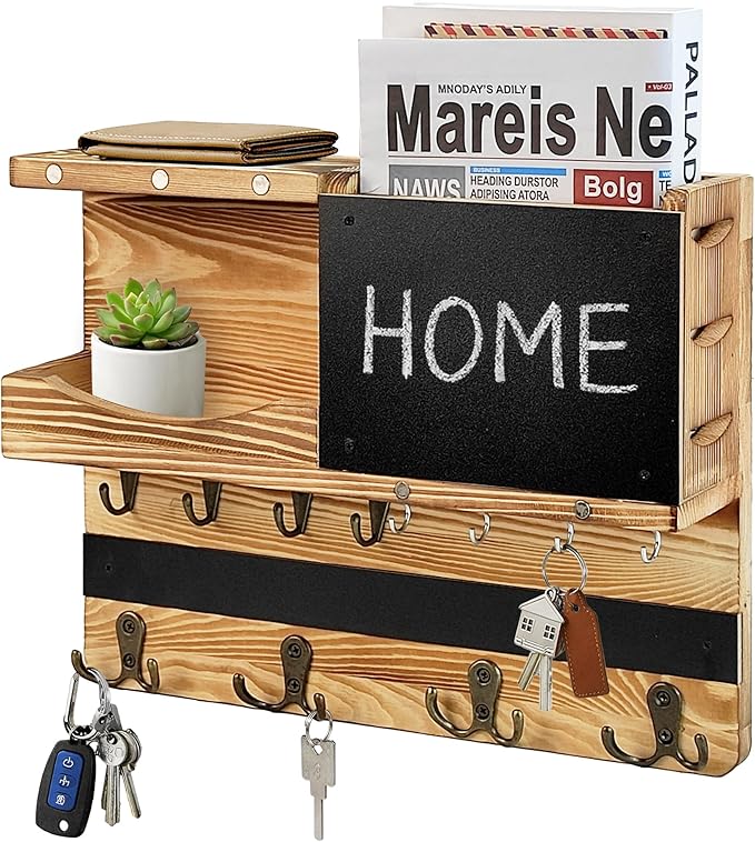 Key Holder for Wall Mount with Shelf and Mail Organizer, Key and Mail Holder with 16 Hooks, Farmhouse Entryway Organizer, Home Decor Rack(Pine Wood, Wood Color)