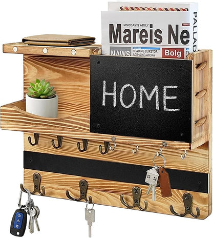 Key Holder for Wall Mount with Shelf and Mail Organizer, Key and Mail Holder with 16 Hooks, Farmhouse Entryway Organizer, Home Decor Rack(Pine Wood, Wood Color)