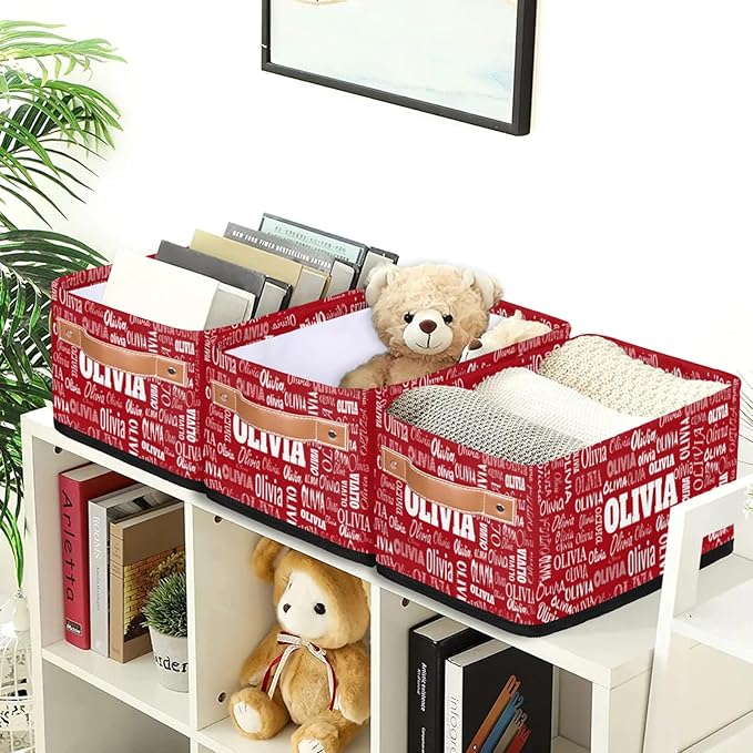 Personalized Small Kids Toys Box with Name, Custom Solid Red Nursery Baskets, Women Makeup Organization Custom Storage Toilet Paper Organizer