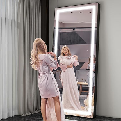 FENNIO Full Length Mirror with Lights, 80" x 36" LED Full Body Mirror, Wall Mounted Hanging Mirror with Lights for Bedroom, Salon, Dimmable & 3 Color Lighting, Tempered Glass