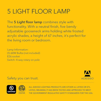 Adesso Floor Lamp with 5 Movable Shades & Adjustable Brightness – Perfect Lighting for Bedroom Decor, Beauty & Art Studio, Silver