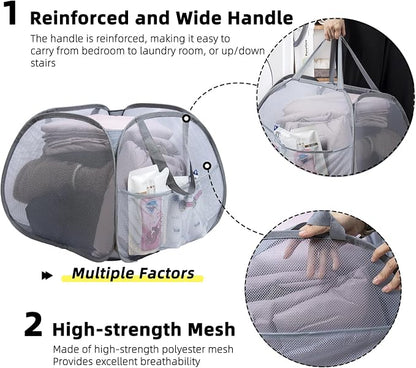 Collapsible Laundry Basket, 90L Foldable Pop Up Laundry Hamper with Handles, Mesh Dirty Clothes Hamper for Laundry, Bathroom, Kids Room, Dorm,Travel or Camping (Gray, 2PCS)