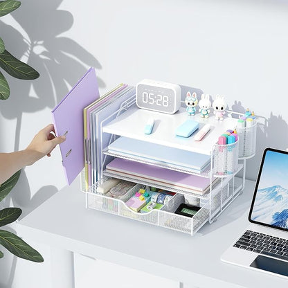 gianotter Wood Desk Organizers and Accessories with File Holder, 4-Tier Desk Accessories & Workspace Organizers with Drawer and 2 Pen Holder, Desk Reference Organizer (White, 4T with Metal Drawer)