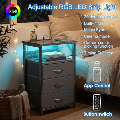 Fixwal Night Stand with Charging Station, LED Nightstand with U-S-B Ports and Outlets, 3 Fabric Storage Drawers with PU Finish, Bed Side Table, Charcoal Gray