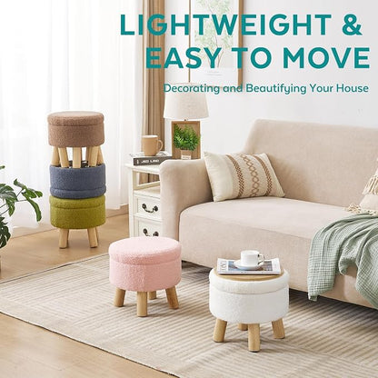 Small Foot Stool Ottoman with Storage, Sherpa Ottoman Foot Rest for Couch, Round Footstool with Storage, Small Ottomans and Footstools for Living Room and Entryway (Light Gray)