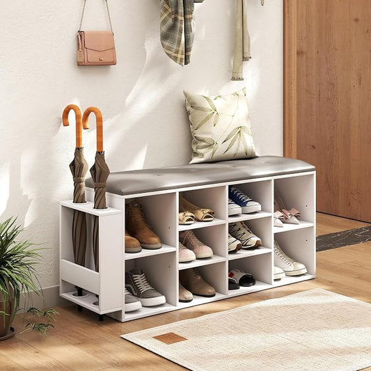 Tangkula Shoe Storage Bench with Umbrella Stand, 10-Cube Entryway Bench with Adjustable Shelf & Padded Cushion, Cubby Shoe Rack Organizer for Bedroom & Checkroom, Rustic Brown & Black (White)