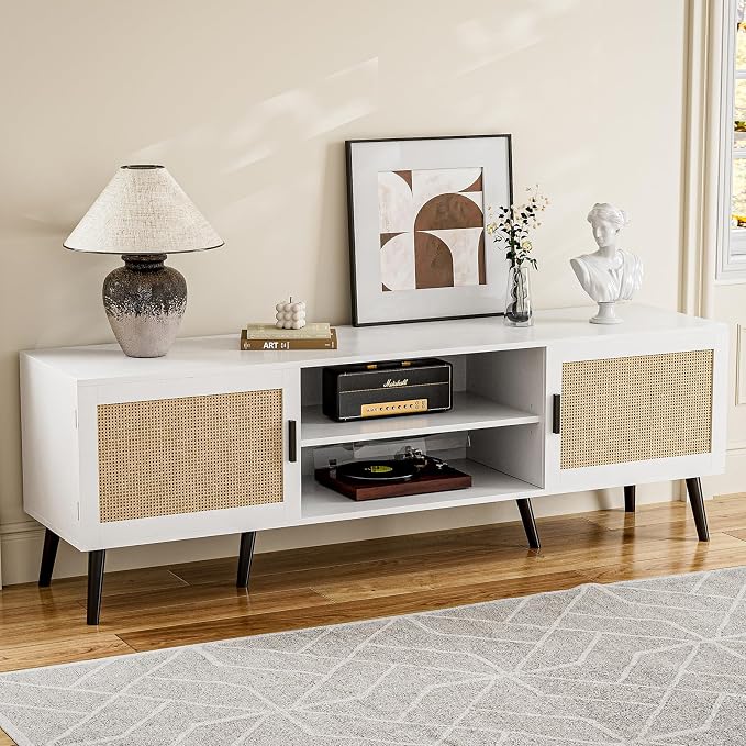 ZttRiee TV Stand for TVs up to 65'', Mid Century Modern Entertainment Center with Rattan Door, Shelves & 2 Cabinets, Boho Media TV Console for Living Room, Bedroom, White