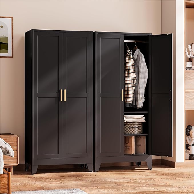 COFaR Black Metal Wardrobe Closet 2-in-1 Design, 71" Freestanding Armoire with Adjustable Hanging Rod & Shelves, Convertible Storage/Hanging Cabinet for Bedroom