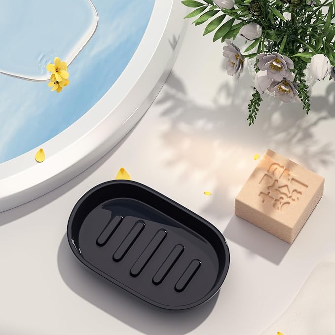 Bathroom Soap Dishes, Not Plastic！White Soap Dishes for Bar Soap, Bamboo Soap Dishes Holder for Bathroom Shower, Bathroom Sink Soap Dish (Black)