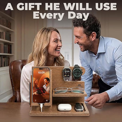 TESLYAR Wood Phone Docking Station for Men - Desktop or Nightstand Organizer - Birthday Gifts for Men, Dad - Anniversary Idea from Wife - Key Holder, Stand Wallet, Watch & Essentials (Earth Beige)