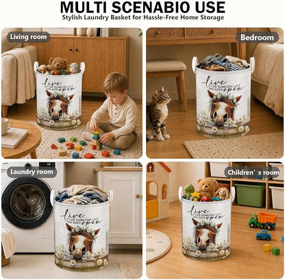 Farmhouse Daisy Floral Horse Laundry Basket, Horse Lovers Gifts Laundry Hamper Waterproof Collapsible Clothes Toys Storage Bin Organizer for Girls Room Bedroom Bathroom Home