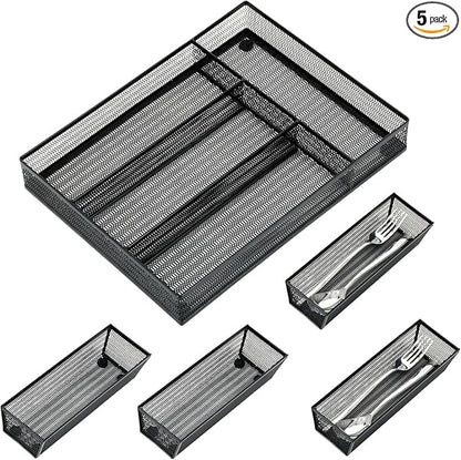 Neudeco Drawer Organizer Set, Black Mesh, 5 Pack | 4-Compartment Silverware Organizer Tray, 4 Utensil Trays, For Flatware, Cutlery, Office Supplies, Non-Slip