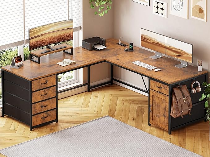 SEDETA L Shaped Desk, 63" Computer Desk with 5 Drawer & Power Outlet, Long Home Office Desk or Corner Desk, L Shaped Corner Desk with Monitor Shelf, Storage Cabinet, Rustic Brown