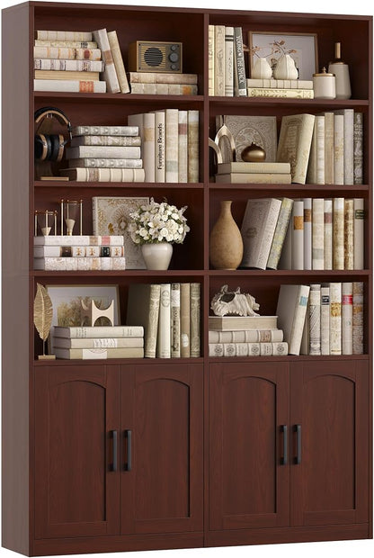 FACBOTALL Bookshelf and Bookcase with Doors, 6 Tier Double Wide Large Bookshelves, Open Display Shelves, 73'' Tall Bookshelf with Storage Cabinets for Home Office, Living Room, Library, Cherry