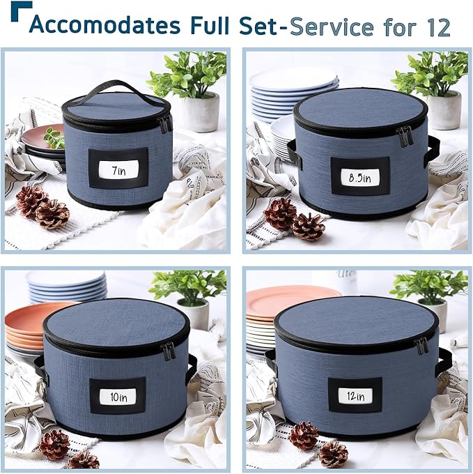 Fine China Storage Containers, 5 Piece Quilted Dish Storage Containers, Mug, Cup, and Plate Dish Organizer with Felt Dividers, Service of 12 Dinnerware Boxes for Moving, Seasonal Organization, Blue