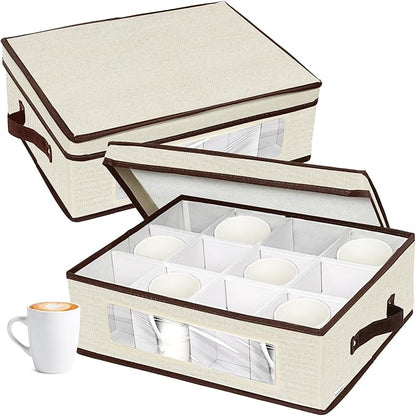 homyfort 2 Pack Mug Storage Box with Dividers, China Cup Storage Containers Organizer Hard Shell with Compartments for 24 Tea Cups and Coffee Mugs (Beige)