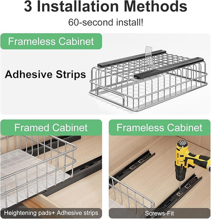Pull out Cabinet Organizer, Stainless Steel 2-Pack Slide out Drawer with Silent Full-Extension Slides, Adhesive Roll out Can Spice Storage Basket Shelf Rack for Pantry, Kitchen, Bathroom, Home Closet