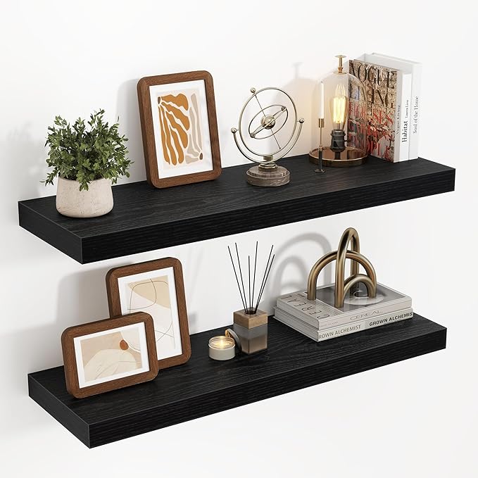 Acovy 32 Inch Floating Shelves, 3D Textured Wood Grain, 32"x9.25"x1.5" Inch Deep Floating Shelves for Wall, Wooden Shelves for Bathroom, Bedroom, Living Room, Black, 2 Pieces