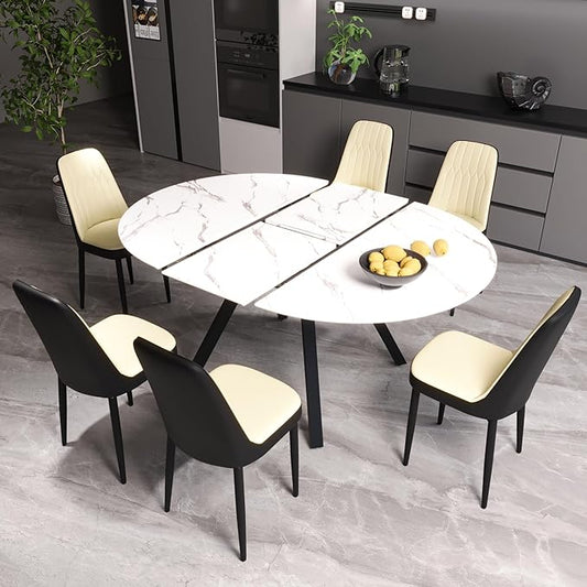 Extendable Round Dining Table Set for 6, 7 piece Dining Table Set with 47-63" Extendable Table and 6 Upholstered Chairs, Modern Sturdy MDF Kitchen Table Set for Small Spaces, Dining Room and Office