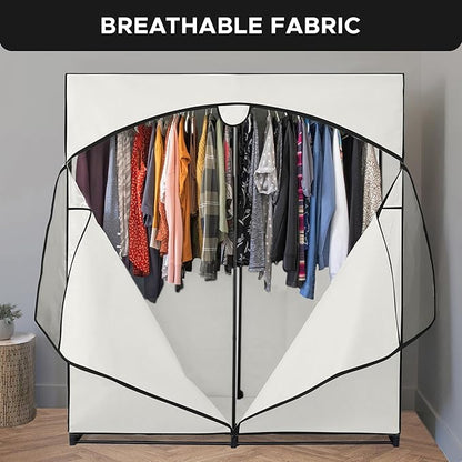 HOLDN’ STORAGE Portable Wardrobe Closet - 65 lb Large Capacity, Internal Heavy Duty Metal Rod, Zipper & Clear Window, Durable Clothes Organizer, Tool-Free Easy Assembly, White Canvas Cover