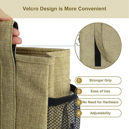 Surblue Bedside Caddy Hanging Bed Organizer Storage Bag Pocket for Bunk and Hospital Beds, College Dorm Rooms Baby Bed Rails, Camp 4 Pockets and 2 Hooks (Small,Linen)