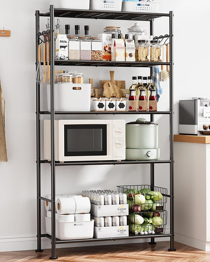 Sakugi Storage Shelves - 5-Tier Large Capacity Shelf Organizer with Hooks, Heavy-Duty Garage Shelving with Leveling Feet, Wobble-Free Rack for Bedroom, Balcony, Garage, 32.1"×12.4"×71.4", Black