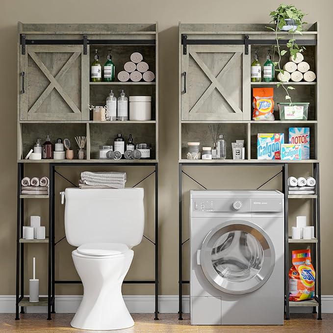 Vabches Over The Toilet Storage Cabinet, Farmhouse Storage Cabinet Over Toilet with Sliding Door & Toilet Paper Holder Stand, Home Space-Saving Toilet Rack for Bathroom, Restroom