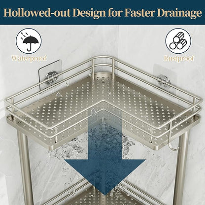 Consumest Corner Shower Caddy Standing - 3-Tier Stainless Steel Shower Organizer with Soap Holder and 4 Hooks, Large Capacity Corner Shelf Stand for Bathroom, Rest Room, Sand Nickel