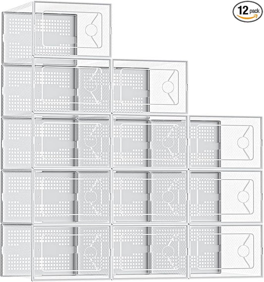 Sweetcrispy Shoe Storage Boxes, Clear Plastic Stackable Shoe Rack Organizer with Lids for Closet, Foldable Sneaker Container, Under Bed and Entryway, 12 Pack, Clear White