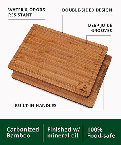 ROYAL CRAFT WOOD Wooden Cutting Boards for Kitchen Meal Prep & Serving - Non Toxic Bamboo Wood Cutting Board Set with Deep Juice Groove Side Handles - Charcuterie & Chopping Butcher Block for Meat