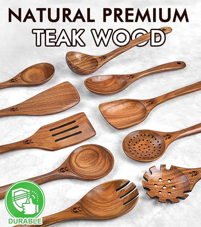 Wooden Spoons for Cooking, 10 Pcs Natural Teak Wood Kitchen Utensils Set, Comfortable Grip Wooden Utensil Set for Nonstick Pans & Cookware, Heat Resistant Wooden Spoons Wooden Spatulas Set