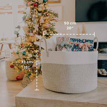 OrganiHaus Large Woven Storage Basket for Blankets and Toys 20" x 13" Inch, Rope Laundry Basket with Handles, Cushions & Pillows Storage Bin, Nursery Hamper, Soft Round Dog Toy Bin - Brown/Off-White