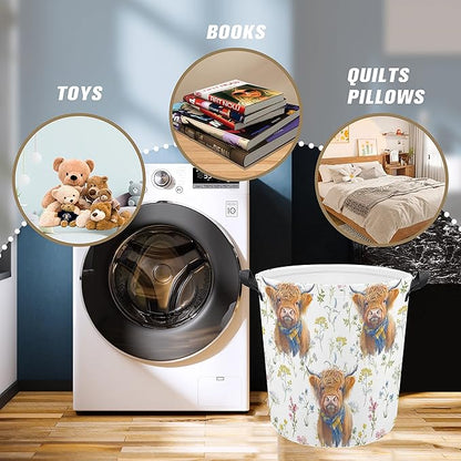 Highland Cow Laundry Basket Flower Foldable Oxford Cloth Funny Tote Bag Laundry Hamper Clothes Storage Bucket Organizer For Bathroom/Laundry Storage/Bedroom Storage Basket 17.7x13.7