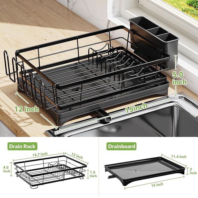 Ekisemio Dish Drying Rack with Cutlery Holder & Drip Tray, Black 12"x15.7" | Ekisemio Dish Drying Rack | Cutlery Holder & Drip Tray | Space Saving | Fast Drainage | Tool-Free | Anti-Slip Feet