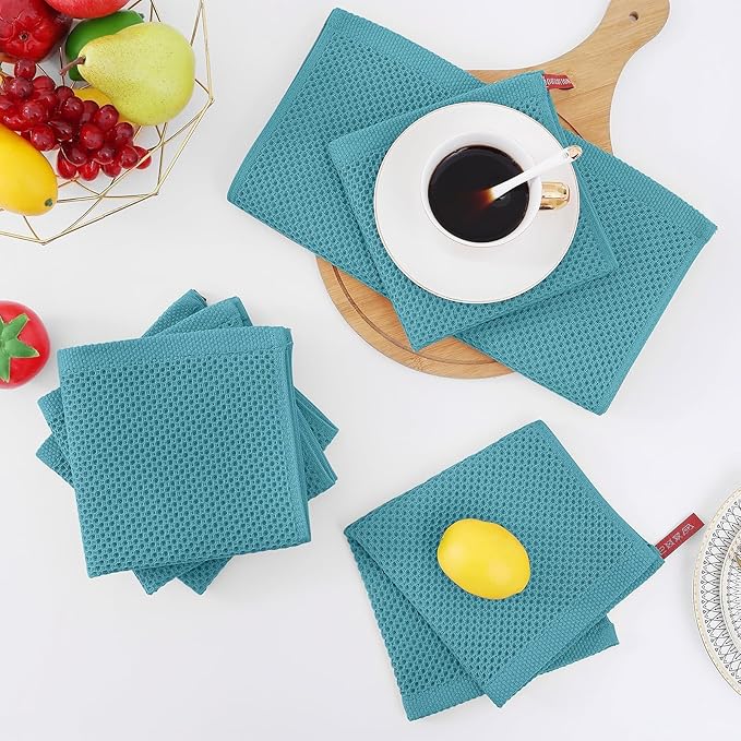 Homaxy 100% Cotton Waffle Weave Kitchen Dish Cloths, Ultra Soft Absorbent Quick Drying Dish Towels, 12 x 12 Inches, 18-Pack, Lake Blue
