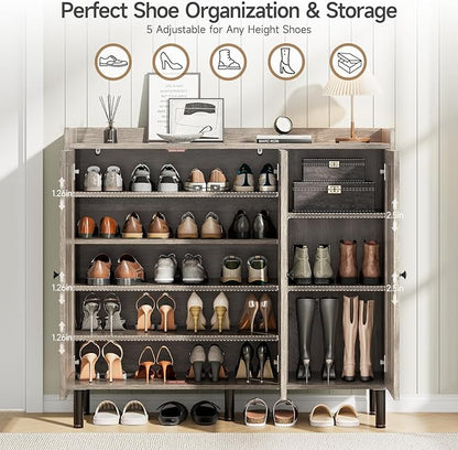 ONBRILL Shoe Cabinet with 3 Doors and Adjustable Shelves, 30 Pairs Shoe Storage Cabinet, 40 Inch Tall Farmhouse Shoe Rack Shoe Organizer Cabinet for Entryway Living Room Closet, Gray Wash
