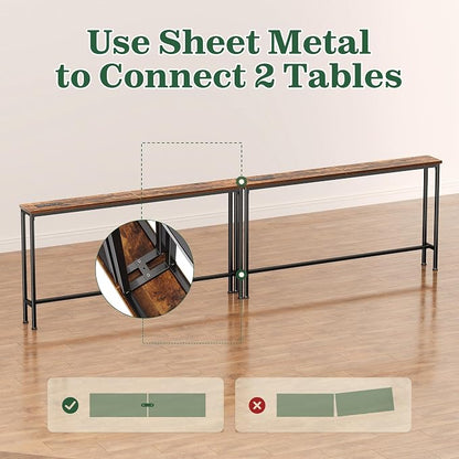 SUPERJARE 102.4 Inch Sofa Table with Power Outlets and USB-C Ports, 5.9 Inch Narrow Console Tables, Entryway Hallway Couch Tables with Storage, Behind Sofa, Small Spaces, Living Room, Rustic Brown