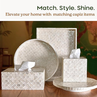 CHI AN HOME Rectangular Capiz Tissue Box Cover, Decorative Mother of Pearl Inlay Tissue Box Holder for Bedroom, Bathroom, Kitchen, and Office, Rectangle Tissue Box Cover White (10.25” x 5.9” x 4.33”)