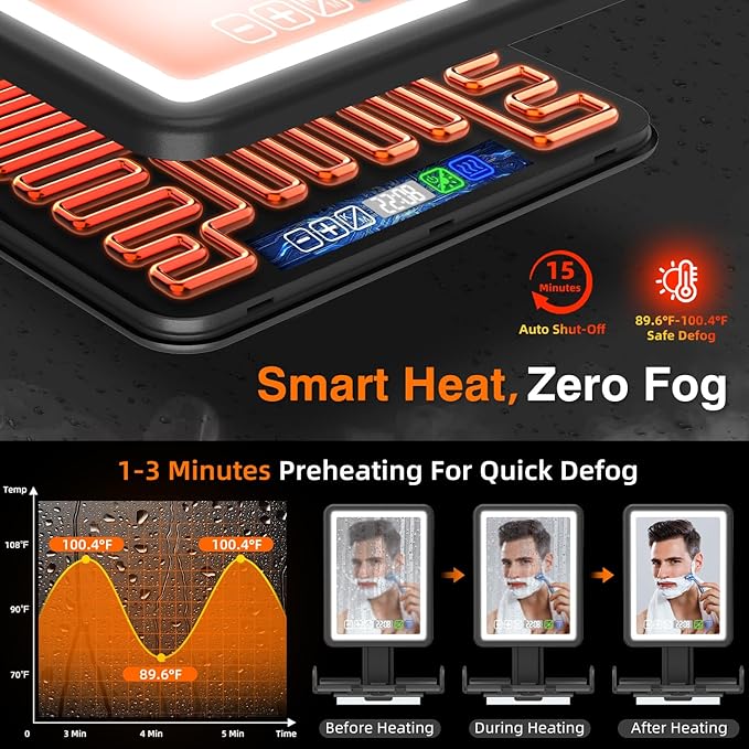 Shower Mirror Fogless for Shaving, LED Heated Rechargeable Fogless Mirror for Shower with Digital Clock & Storage Tray, 3 Color Lighting, Dimmable Touch Screen, Anti-Fog Shaving Mirror for Shower