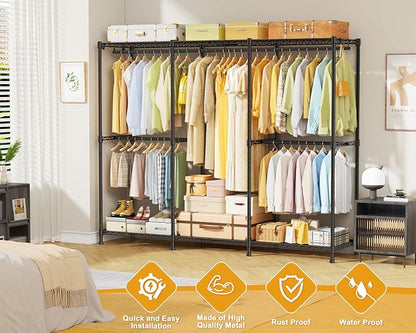 E14 Heavy Duty Clothes Rack，Freestanding Clothing Racks for Hanging Clothes，Adjustable Closet Organizers and Storage，Metal Garment Rack with Shelves 69" W x16 D x77 H，Max Load 960LBS，Black