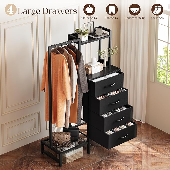 Yoobure Black Dresser with Hanging Rack - Small Closet with 4 Fabric Storage Drawers, 44" H Dresser with Clothes Rack, Chest of Drawer, Kids Dressers for Bedroom, Entryway, Living Room, Sturdy Frame