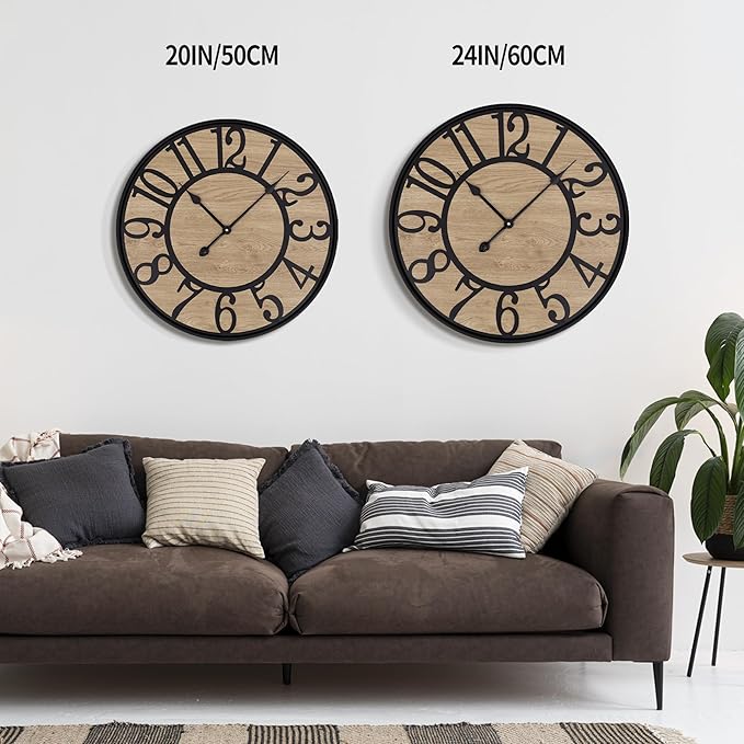 LEIKE Large Wall Clocks Living Room Decor,Non Ticking Silent,Battery Operated Small Round Modern Wood Wall Clock for Bedroom,Kitchen,Farmhouse,Office Vintage Home Decor-20 -Arabic Number