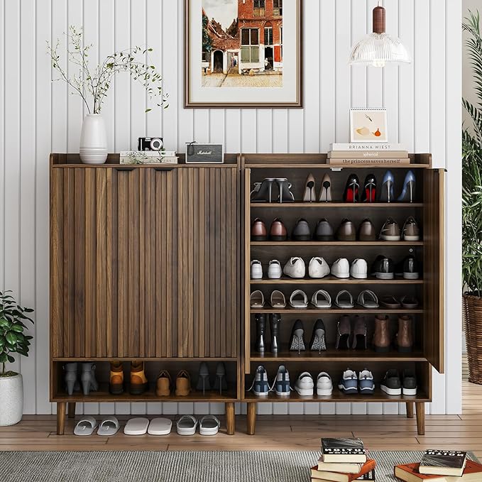 Smuxee Walnut Shoe Cabinet with Fluted Doors, 6-Tier Shoe Storage Cabinet with Adjustable Shelves, Freestanding Shoe Organizer Cabinet for Entryway, Hallway, Closet, Living Room