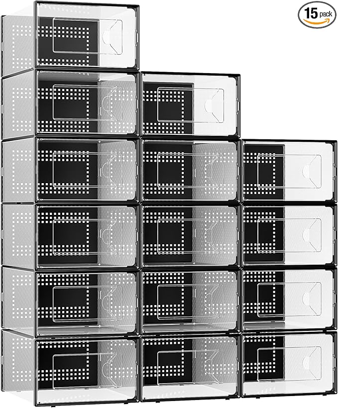 Foluck X-Large 15 Pack Shoe Storage Organizer Box Clear Plastic Stackable | Interlocking Design, Sturdy Dustproof Breathable, Fits Men's Size 10 Women's Size 11, for Closet Entryway Under Bed