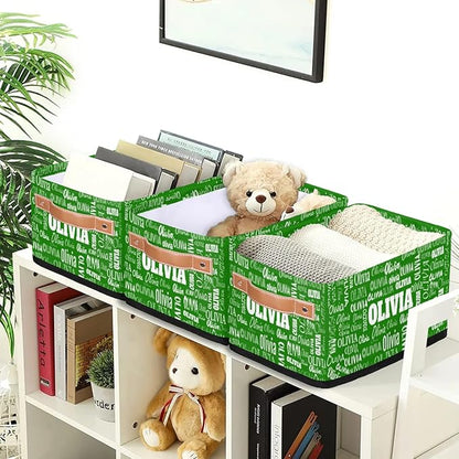 Custom Narrow Storage Basket Name, Personalized Organizer Bin for Toys, Books, Clothes, Organizing Small Storage Basket for Bedroom Nursery Livingroom Entryway. Forest Green