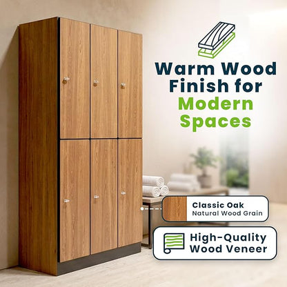 Alpine 6 Door Wooden Locker Cabinet - 72" Expandable Commercial Storage Lockers for Gym, Spa, Office & Golf Club - Includes Metal Base & Lock-Ready Handles, Triple Column 2 Tier - Oak