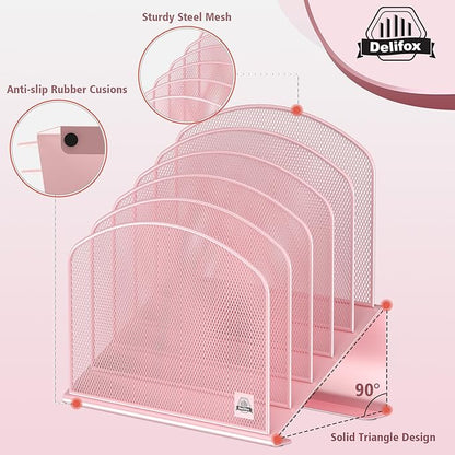 Inclined Desk File Organizer, 5-Section Vertical File Folder Holder Stand Metal Rack File Sorter for Office Classroom Desktop Organization (Pink, 1Pack)