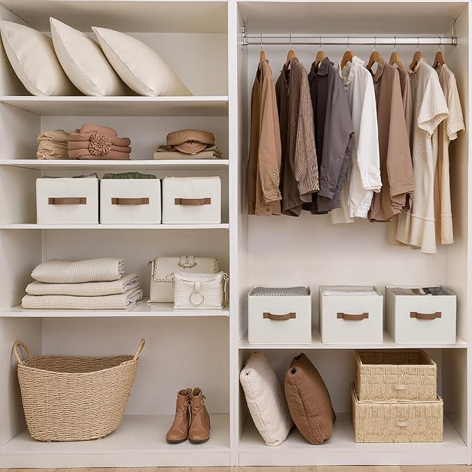 StorageWorks Storage Baskets for Shelves, Foldable Fabric Closet Storage Bins with PU Handles, Fabric Storage Bins Clothes Organizer, Ivory White, 3-Pack, Small