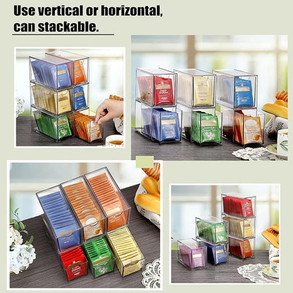 ELLDOO 6 Drawers Tea Bag Organizer, Clear Acrylic Stackable Tea Bag Storage Holder for Kitchen Pantry, Coffee Pod Snack Storage for Countertop Cabinet