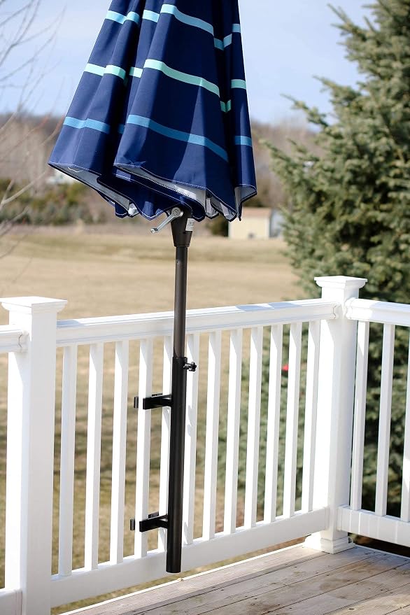 Patio Umbrella Holder – Easy Installation - Space Saving Umbrella Holder Design - Outdoor Umbrella Base and Mount - Attaches to Railing Maximizing Outdoor Patio Space and Shade, Black